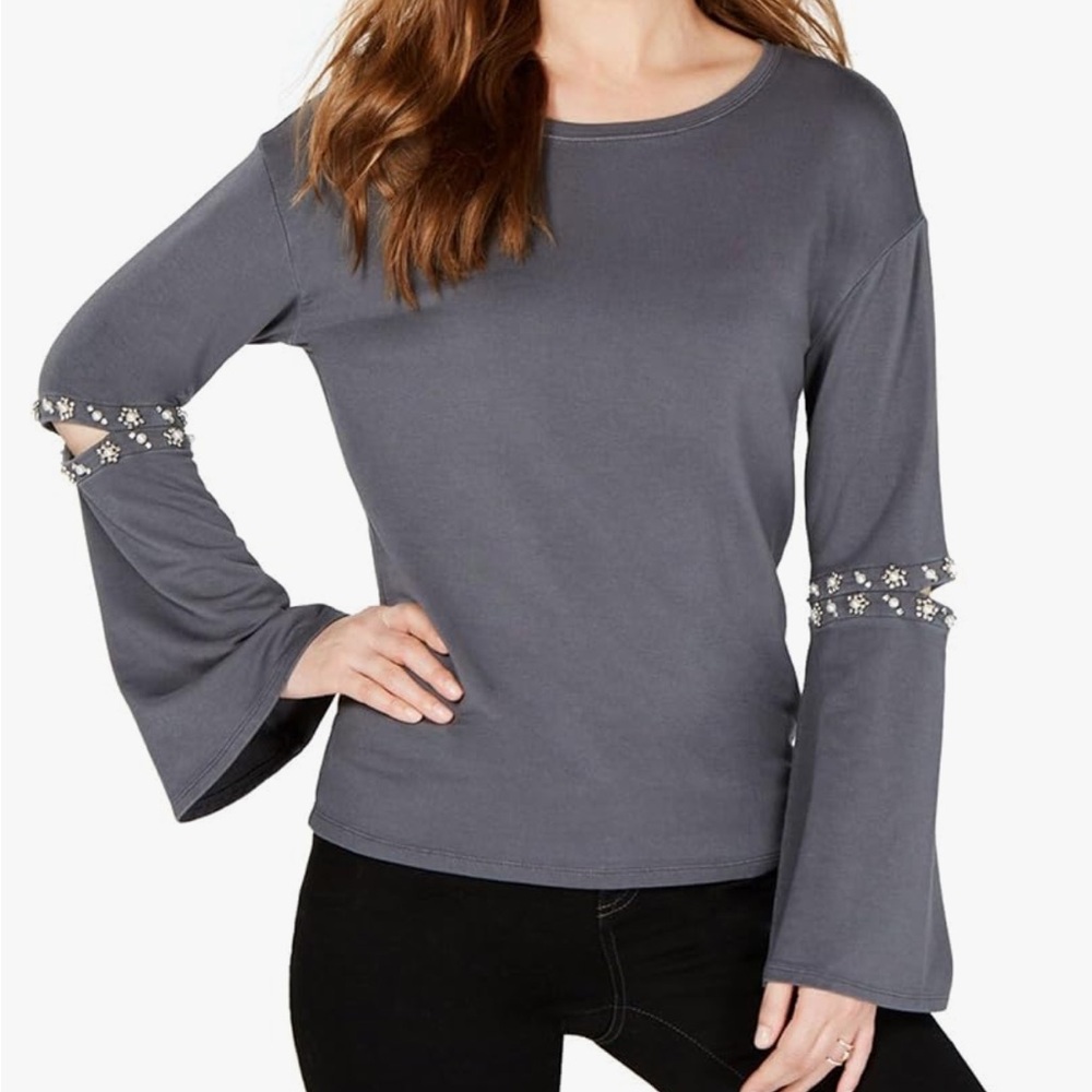INC International Concepts Beaded Elbow Stretchy Knit Bell Sleeve Top - Size M